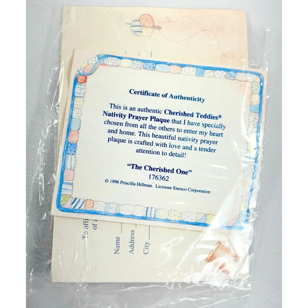 Vtg 1996 Cherished Teddies The Cherished One NATIVITY‎ PRAYER PLAQUE #176362 COA